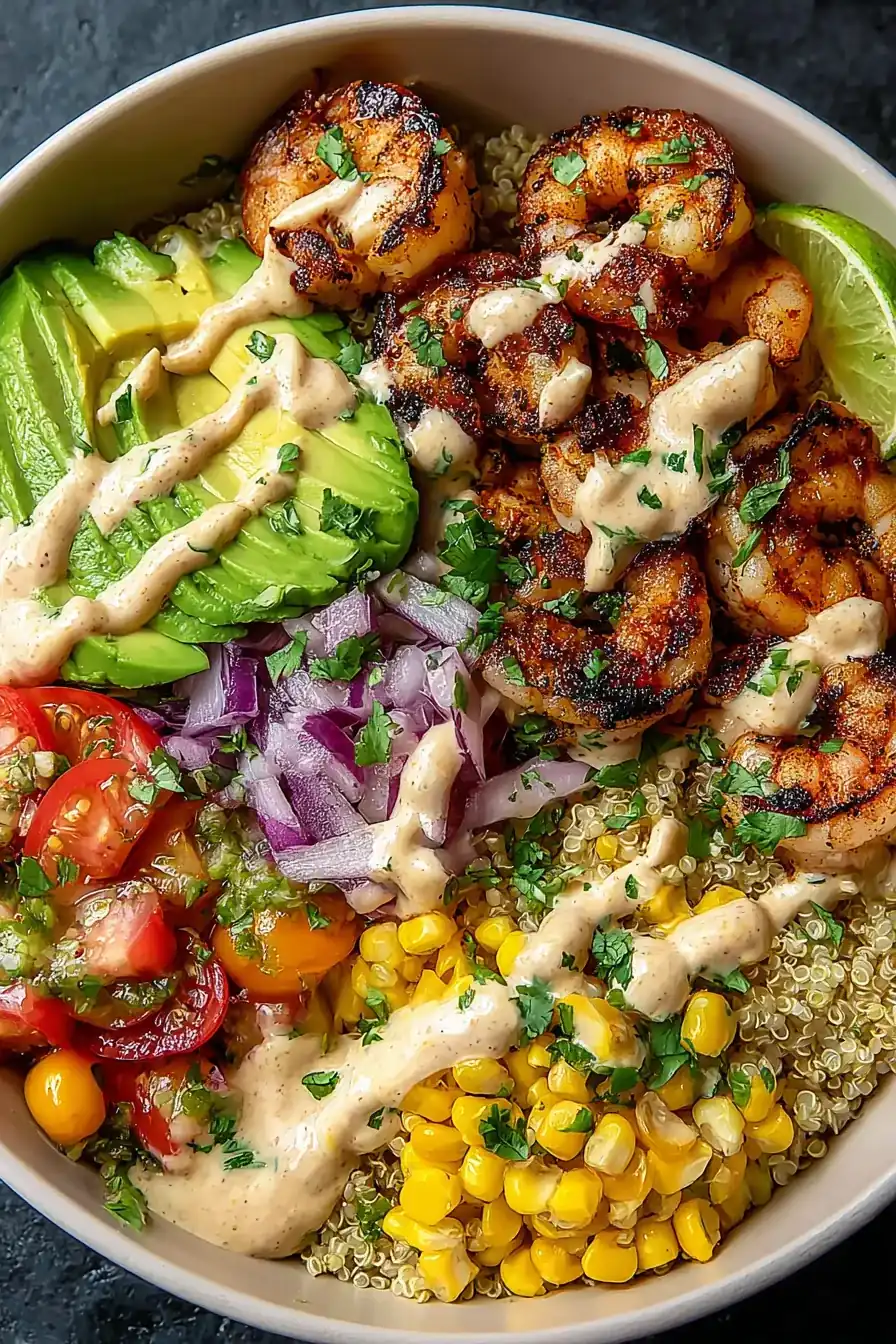 Grilled Shrimp Bowl with Avocado, Corn Salsa & Creamy Sauce – Daniel Recipes